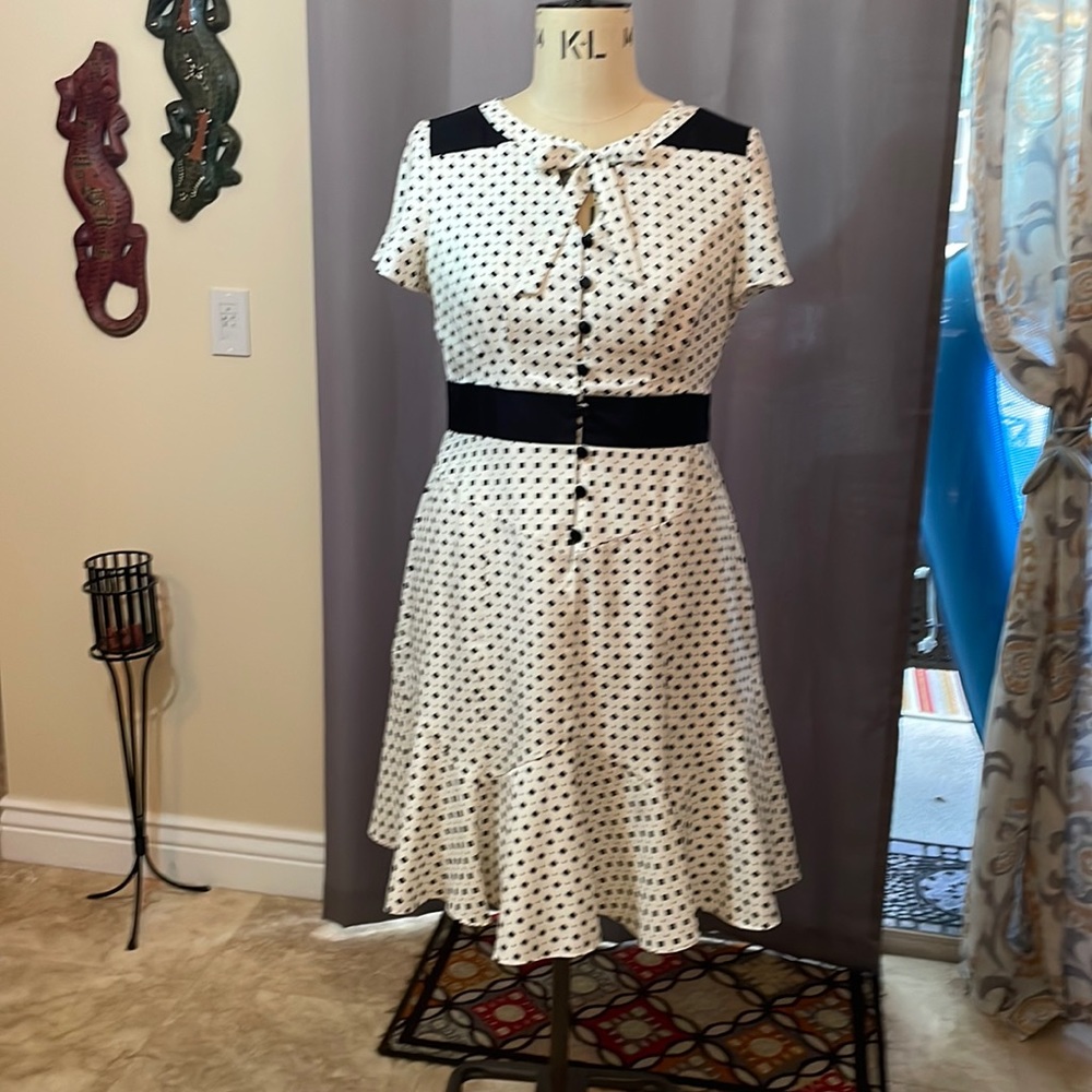 Chadwicks White and Black Polka Dot Fit-and-Flare Dress